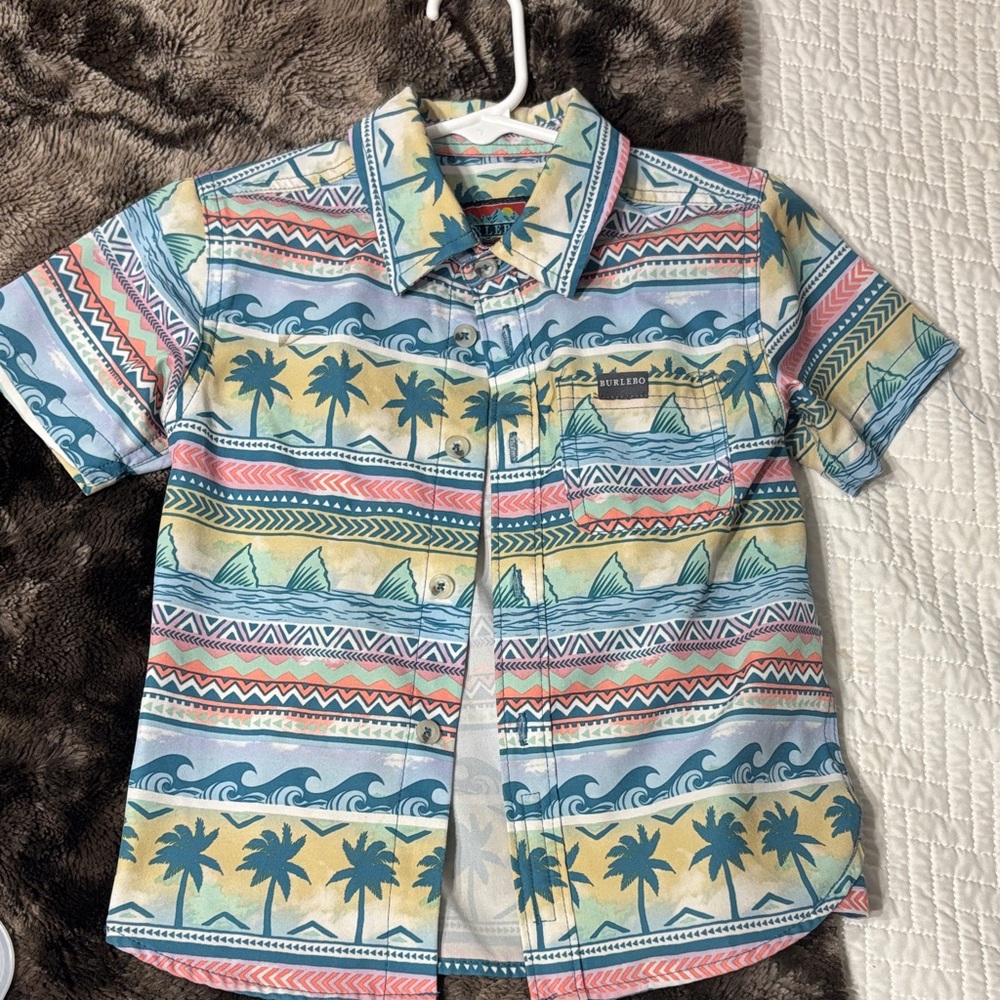 BURLEBO Kids Palm Tree Patterned Shirt - Blue and Yellow